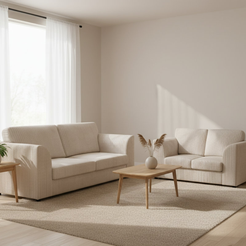 Jambo Cord 3 and 2 Seater High Back Cushion Sofa Set, Cream