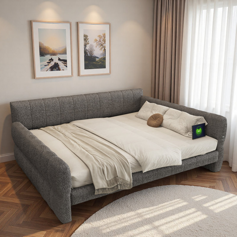 Upholstered Daybed With Usb And Slats Support, Gray