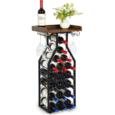 Mini table de bar et support pour boissons alcoolisées - porte-bouteilles avec porte-bouteilles en verre, plateau de table en bois, rangement au sol pour 19 bouteilles