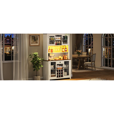 70.9" Rustic Pantry Cabinet With Built - In Power, 9 Bottle Wine Storage, And Adjustable Shelving White Kitchen Ports, Rack, Shelf