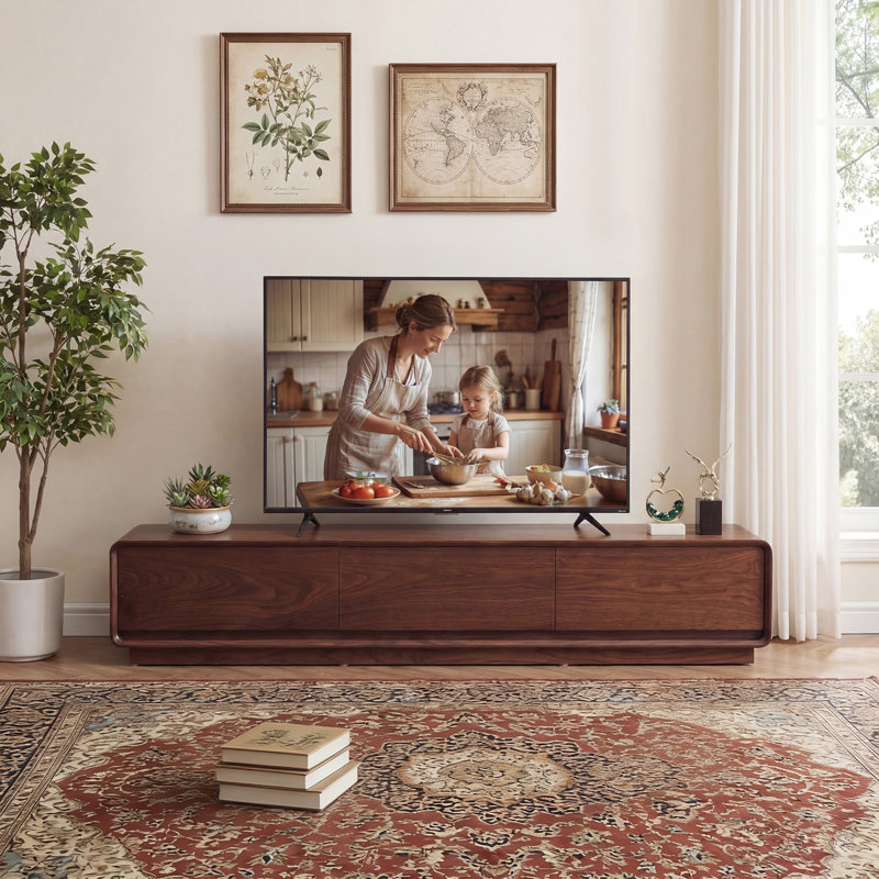 Meuble télé, centre de divertissement avec 3 tiroirs, bois massif, entièrement assemblé