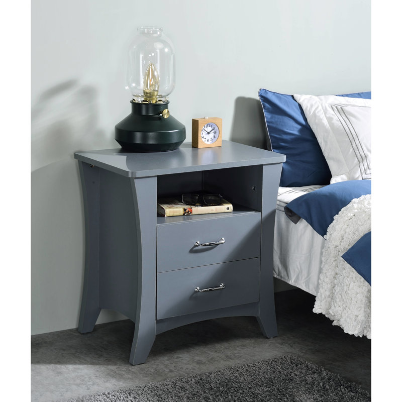 Table de chevet à finition grise avec 2 tiroirs et un compartiment ouvert pour l'organisation de la chambre à coucher, Gris