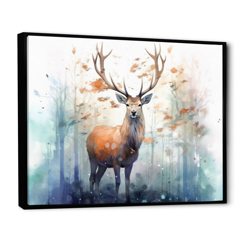 Woodland Wanderers - Deer, art mural, 30" H x 40" W, Cadre flottant noir