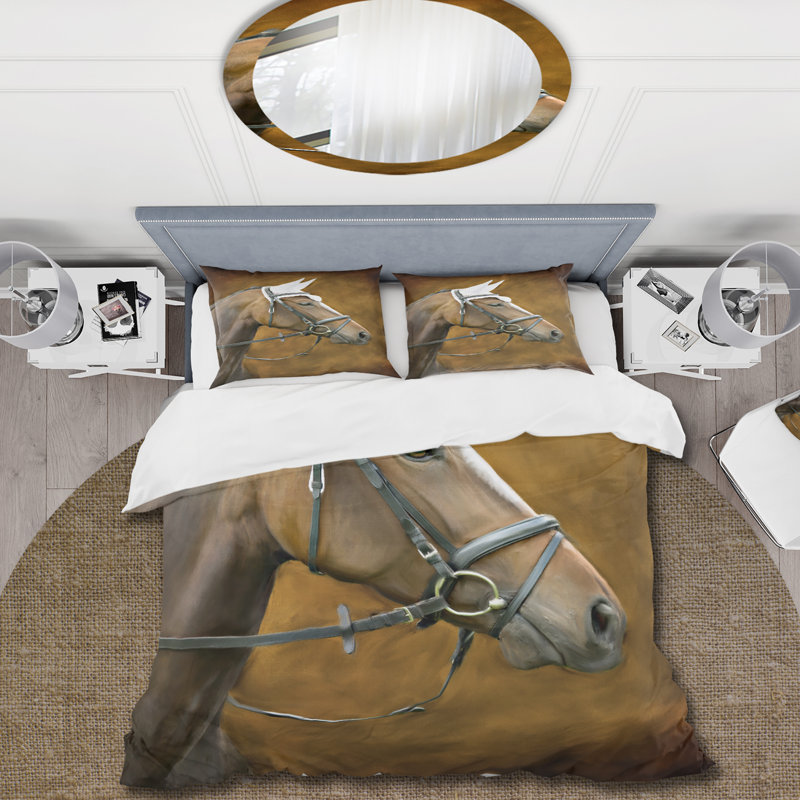 Bigham - Portrait d'un cheval brun avec oreilles blanches - Ensemble de housse de couette style campagnard - Polyester en microfibre