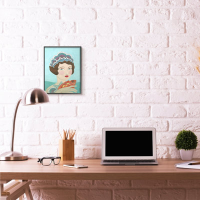 «Woman and Fish Blue Animal» par Sally B, reproduction d'art sur toile non encadrée