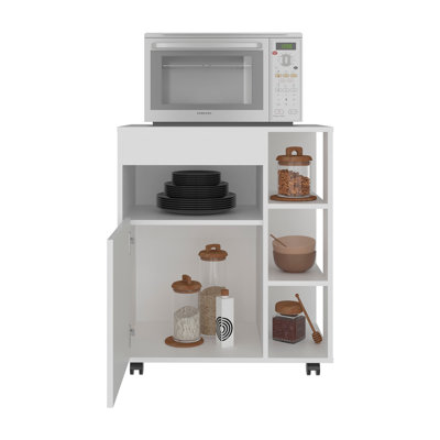 Jud Microwave Cart With 5 Shelves, 1 Door, Cabinet Storage, And Rolling Casters, White