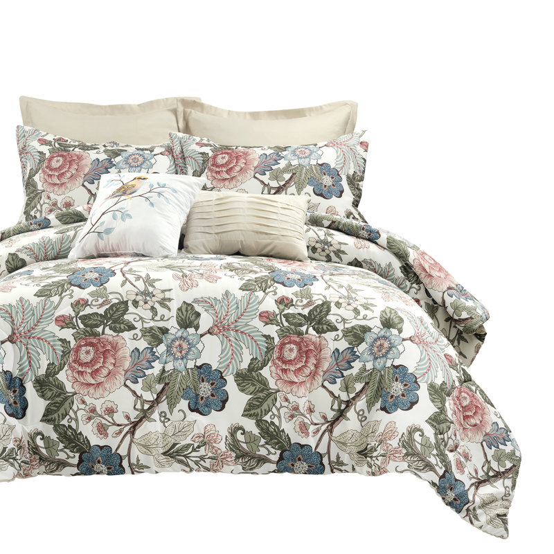 Sydney Microfiber Reversible Comforter Set 7Pc, Full/Queen Comforter, 4 Sham, 2 Dec. Pillow, Green/Blue Floral