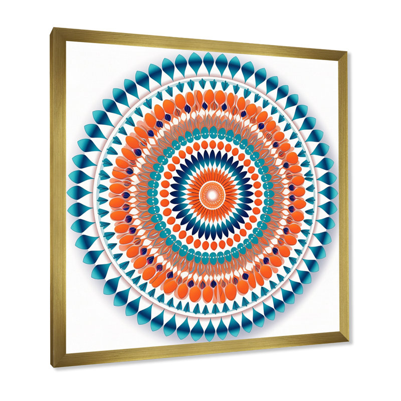 Exquis mandala en rétro bleu et orange sur toile, H 36 po x l 36 po x P 1,5 po, Cadre doré à une seule photo