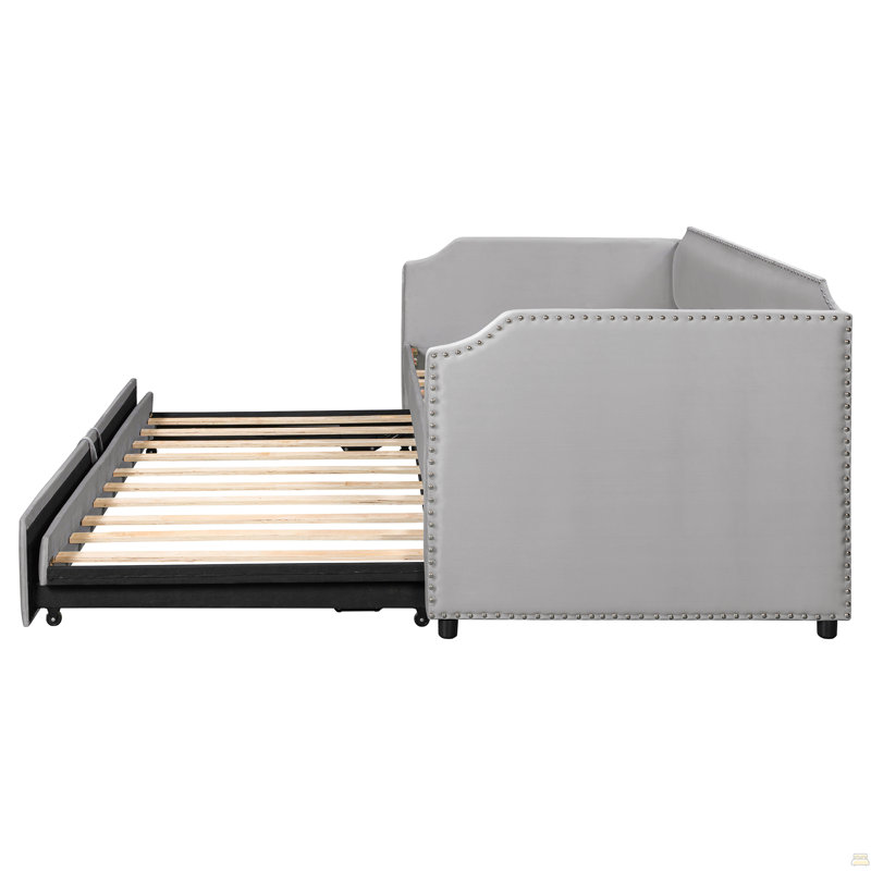 Lit de jour simple en velours rembourré avec lit gigogne, Grey