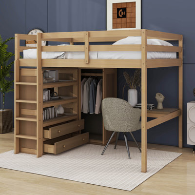Huegel Full Size Loft Bed With Built-In Wardrobe, Desk And Drawers
