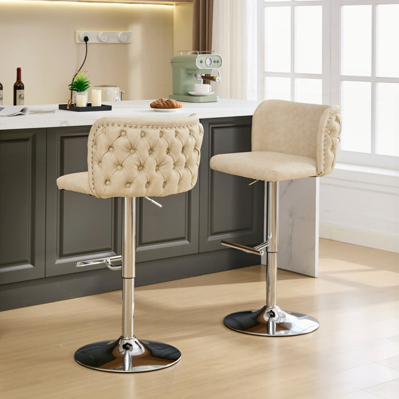 Tabourets de bar modernes rembourrés en polyuréthane avec dossier entièrement capitonné, Beige, Argent argent