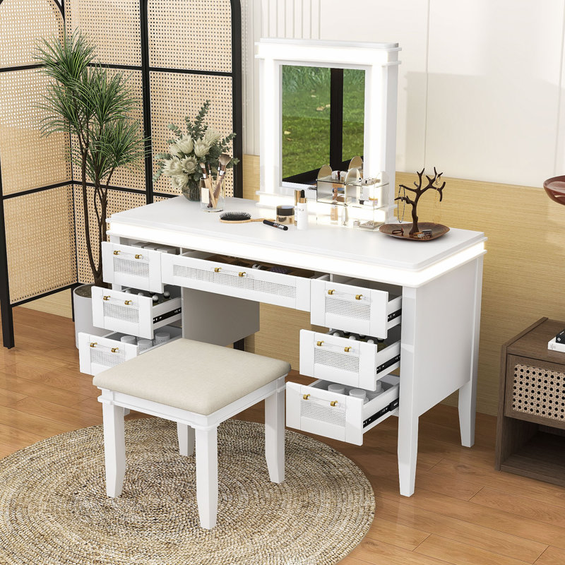 Vanity Desk with LED Mirror, 7 Drawers, Cushioned Stool, Classic Hollow Drawer Design, Light Beige