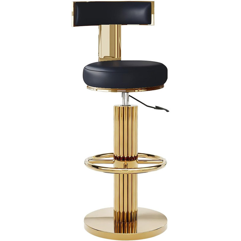 Tabourets de bar pivotants réglables avec structure en acier inoxydable doré et coussin de siège en cuir, hauteur comptoir / îlot, noir