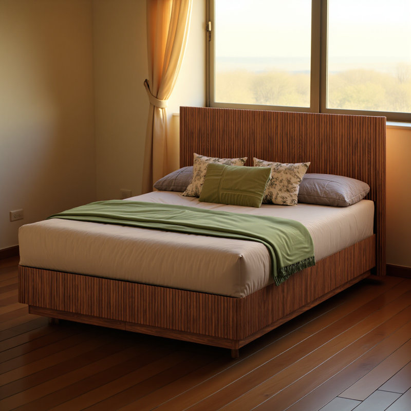 Queen Size Bed Frame With Led Lights, Modern Wooden Corrugated Curved Lines, Convex Groove Board Design, Walnut.
