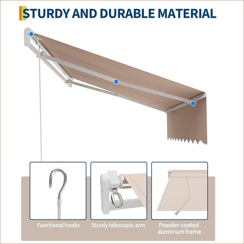 Auvent rétractable manuel, auvent de terrasse imperméable avec abat-jour, structure en aluminium robuste, tissu en polyester 280 g, auvent réglable pour maison, pour terrasse, porche