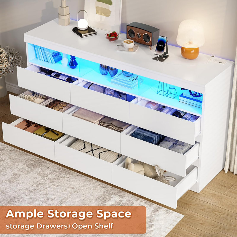 9 Drawer Dresser For Bedroom With Led Lights, Large Chest Of Drawers Handle Free, Modern Long Dressers With Charging Station,for Living Room,cloakroom,entryway