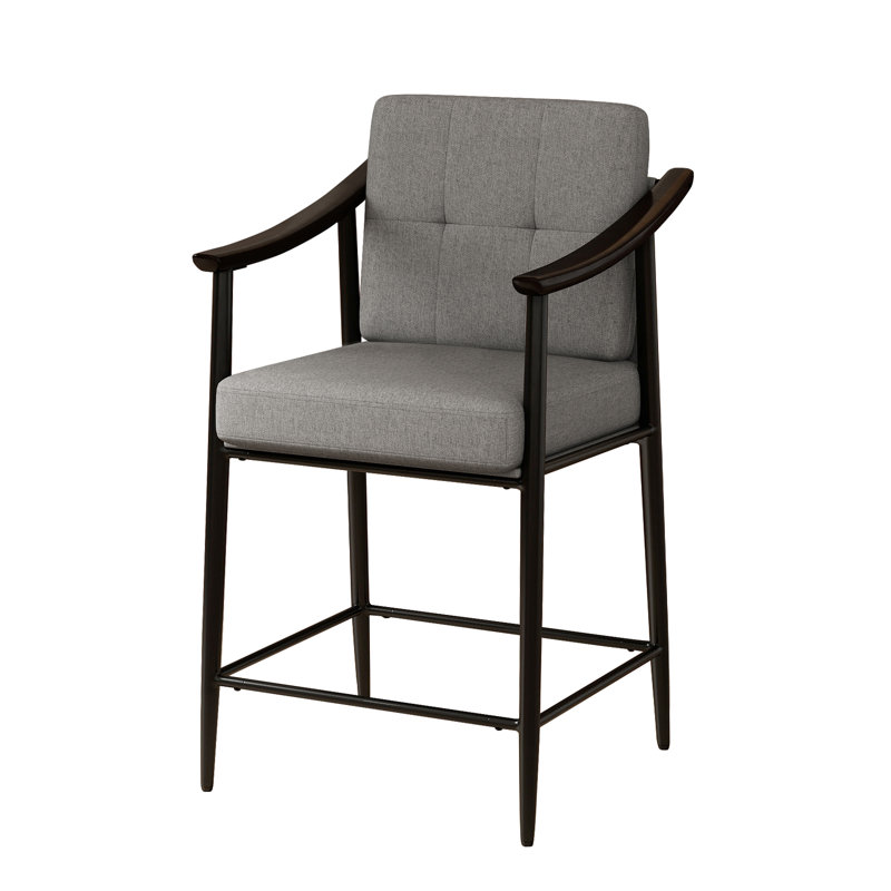 26-inch Medieval Style Bar Stool, Wooden Armrests, Sturdy Thickened Metal Frame, Classic High Stool, Mid Gray Polyester, 1