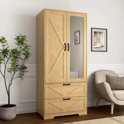 Armoire 2 portes en bois pour la chambre à coucher avec tringle à vêtements suspendue à l'intérieur de l'armoire et 2 tiroirs pour l'organisation du rangement, placard multifonctionnel à induction intégré avec miroir, naturel