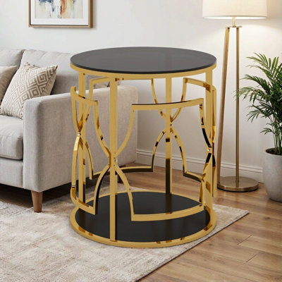 Table d'appoint ronde de luxe en or avec plateau en verre trempé et tablette de rangement, table de bout moderne glam avec cadre en métal pour le salon, la chambre à coucher, le canapé, la table d'appoint pour petit espace