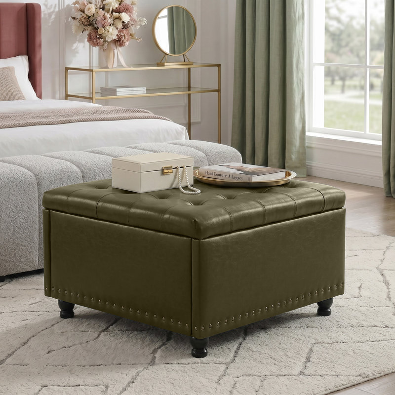 Repose-pieds carré avec rangement Arshi, Similicuir vert olive