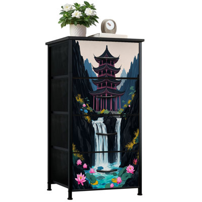 Commode pour chambre à coucher avec 4 tiroirs de rangement Cascades de pagode traditionnelle chinoise Fleurs de lotus Commode de montagne sereine Commode en tissu avec cadre en acier pour vestibule