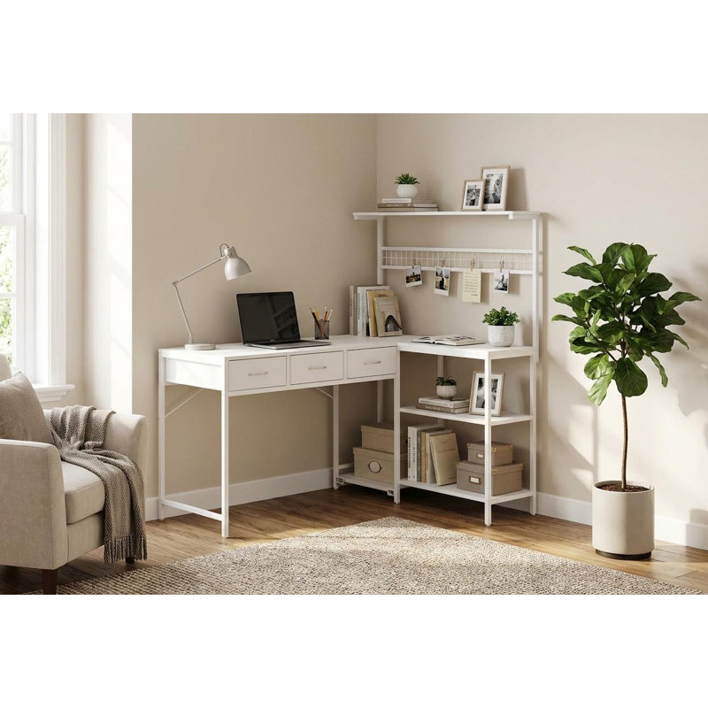  Bureau d'ordinateur avec 3 tiroirs en tissu, tablettes en L de 50,4 po avec éclairage à DEL et prise de courant, poste de travail de table PC pour bureau à domicile, bureau de jeu pour petits espaces