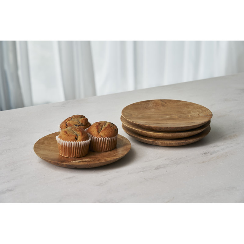 4 Piece Village Teak Decorative Plate Set in Brown