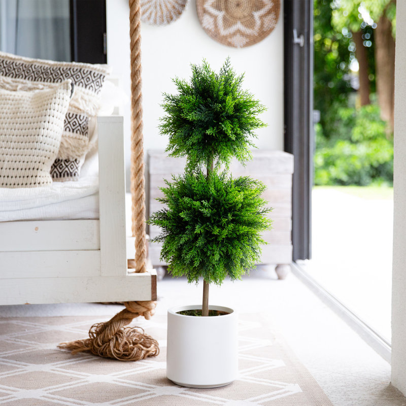 3,5 pi Arbre topiaire en cèdre artificiel blanc résistant aux rayons UV et à double boule (intérieur / extérieur)