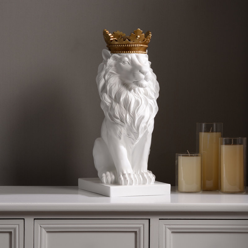 14.5" H Sitting Lion W/Crown Resin Statue Home Decor Living Room Display, White/Gold