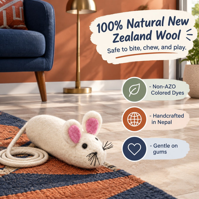 Ensemble de jouets pour chat en feutre de laine 100 % naturelle, en forme de souris, avec une texture douce et duveteuse, de l'herbe à chat pour stimuler l'interaction, des colorants sans azoïques, une conception sans danger pour les animaux et une longueur de 254 cm (100 pouces).