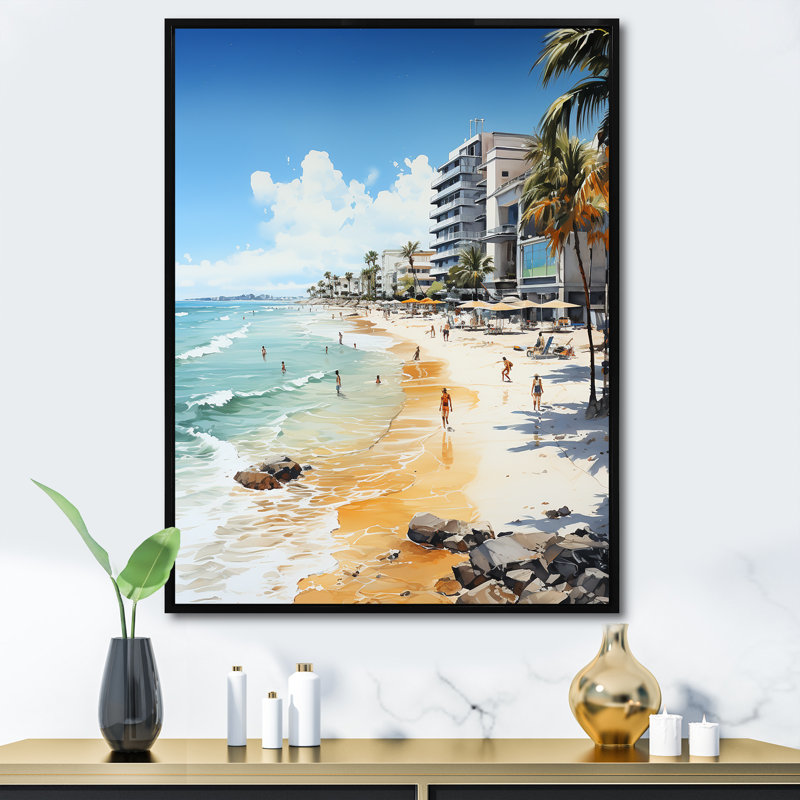 Honolulu beige turquoise Miami Beach, reproduction d'art sur toile, H 32 po x l 24 po x P 1 po, Cadre flottant noir