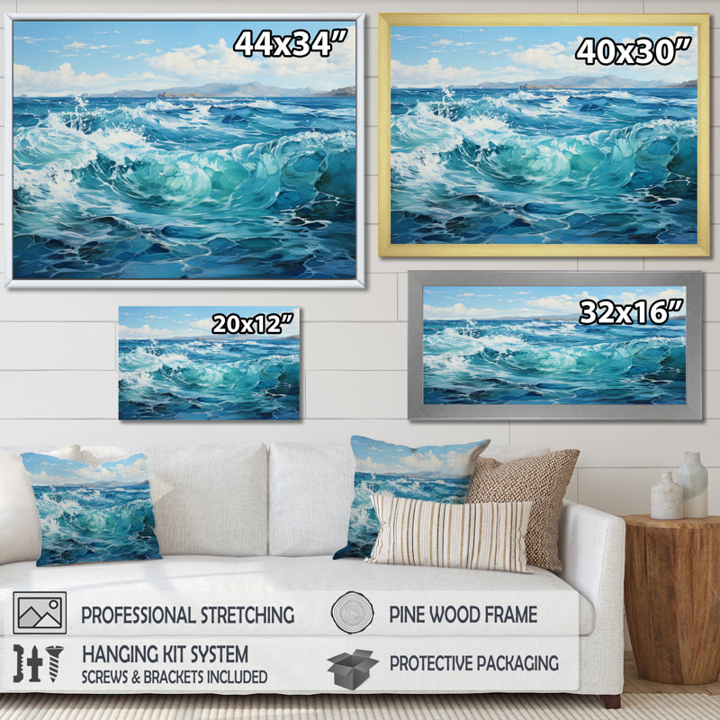 Teal Ocean Infinity - Landscapes Canvas Wall Art, H 34 po x l 44 po x P 1,5 po, Cadre flottant doré