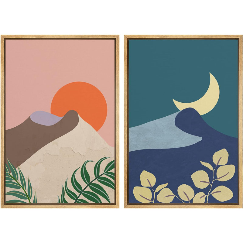 «Desert Dune Sun & Crescent Moon Nature Shapes Modern Art Scenic Colorful on Canvas», reproduction de 2 pièces
