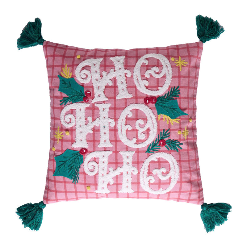 Coussin rose à carreaux Ho Ho Ho avec pompons, Ho Ho Ho 16x16"
