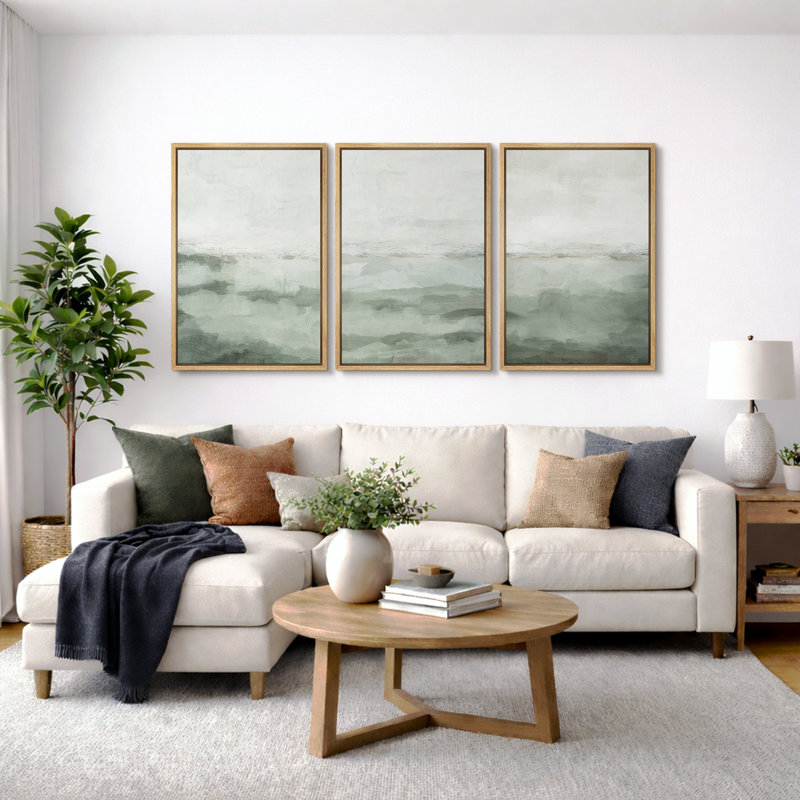 «Minimal Landscape», art organique moderne vert sauge, images murales abstraites simples dans la chambre à coucher, grand ensemble de 3 impressions murales sur toile, 16 x 24 x 3, 24 x 36 x 3