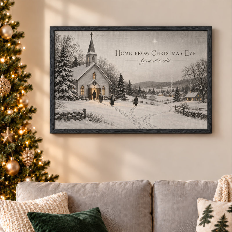 «White Church with Footprints in Snowy Winter Christmas», art mural sur toile, H 24 po x l 36 po