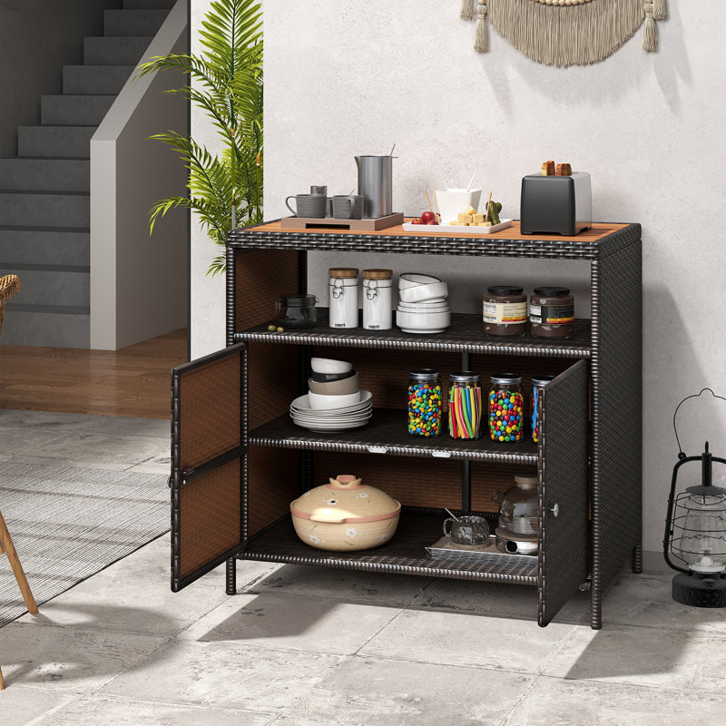 Latitude Run® Patio Storage Cabinet With Acacia Wood Countertop Open Shelf 2 Door Cabinet, Mixed Brown/Natural
