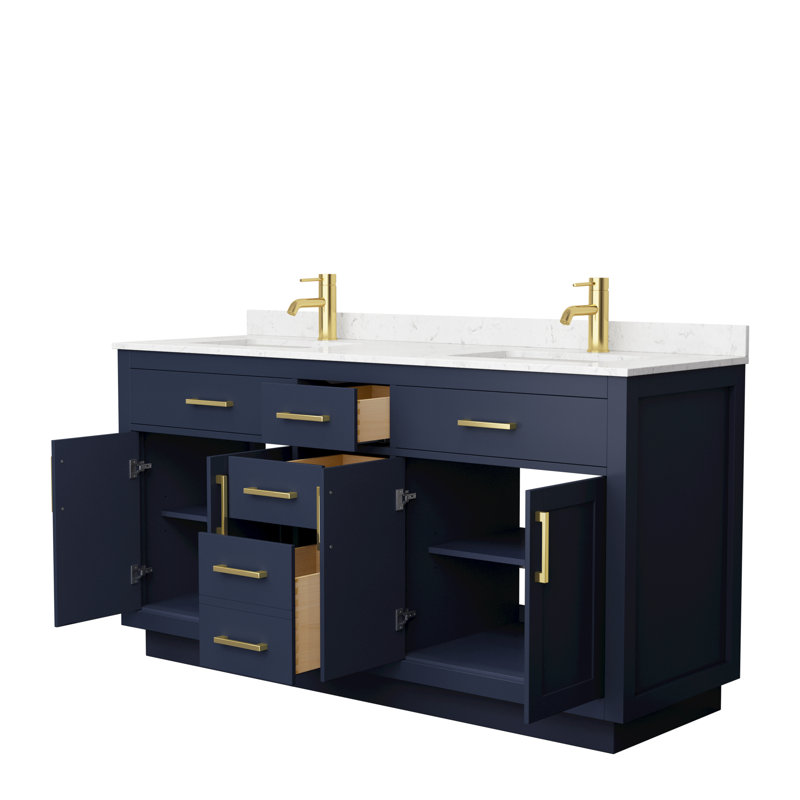 Beckett TK 66'' W Double Vanity, Dark Blue, Carrara Cultured Marble, Brushed Gold