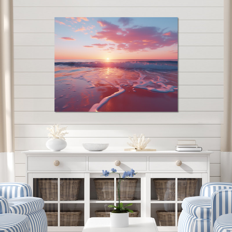 «Beach Cotton Candy Sunset Skies II» - art mural coucher de soleil côtier, Toile tendue, H 16 po x l 32 po x P 1 po