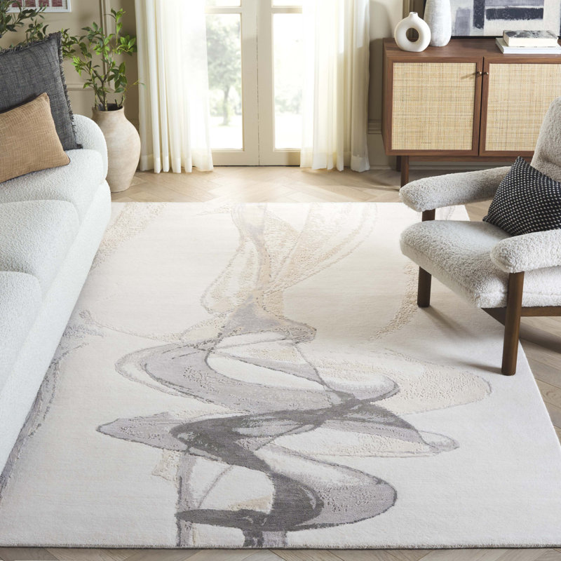 Tapis gris / ivoire en laine noué / soie / coton, Rectangle 6 pi x 9 pi