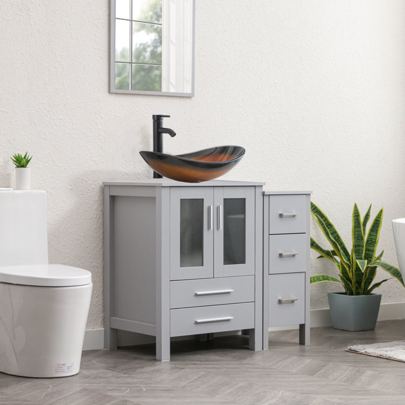 Breahnna 36'' Free Standing Single Bathroom Vanity with Manufactured Wood Top, Vessel Sink, Faucet, Drain, Gray, Bronze