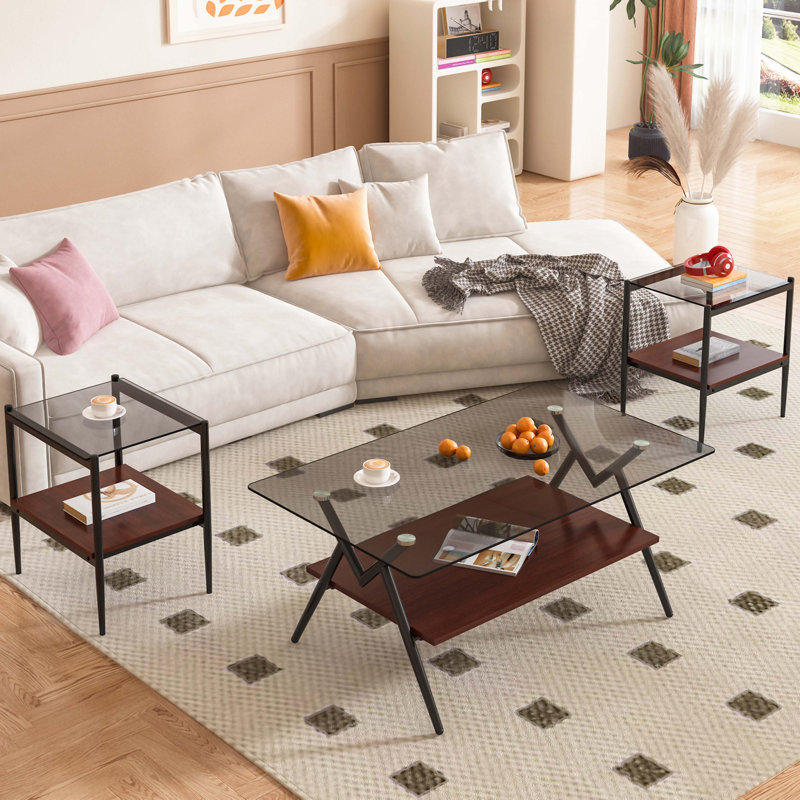 Coffee Table and End tables Set of 3, Tempered Glass Table with MDF layer, Glass, Black, Gray