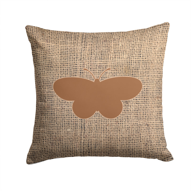 Coussin décoratif intérieur/extérieur élégant et résistant à l’eau en toile jute papillon, H 14 po x l 14 po x P 4 po, Brun