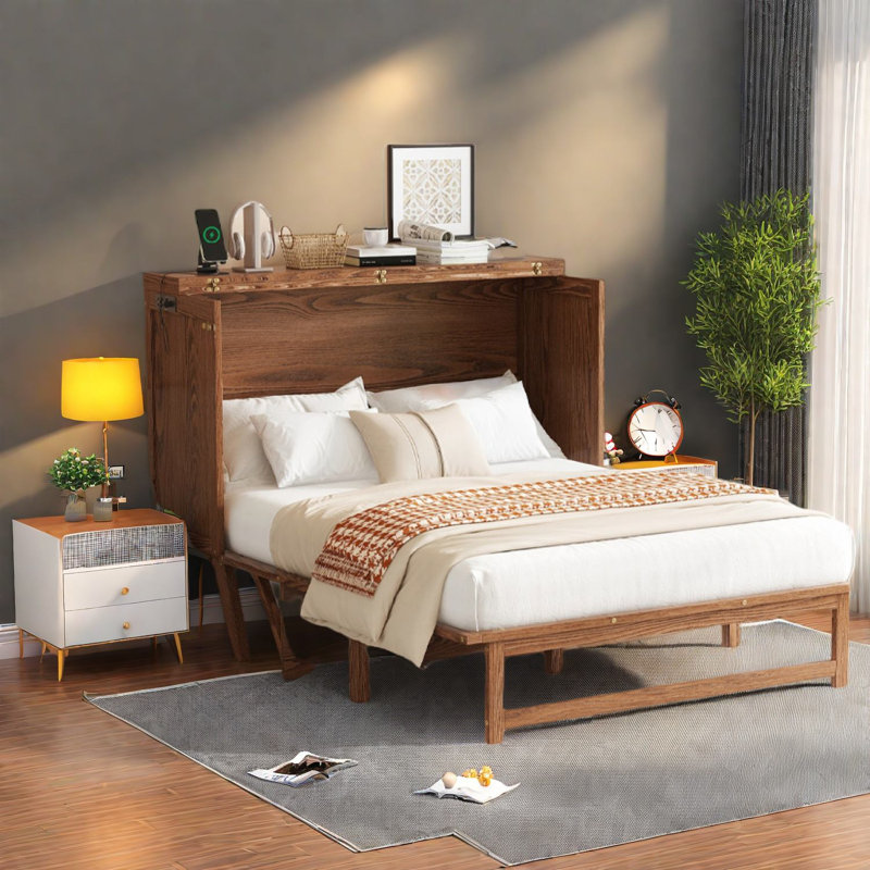 Lit escamotable peu encombrant avec USB, pin noyer, usage domestique multifonctionnel
