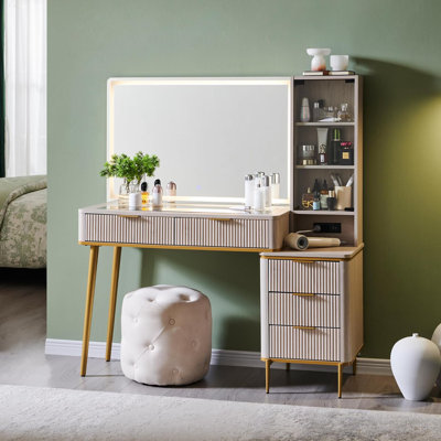 Coiffeuse Zadia 48 "avec miroir lumineux 36", 4 commodes et station de charge et 3 modes d'éclairage