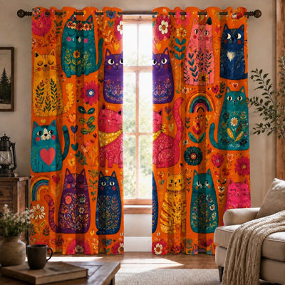 2Pcs rideaux bloquant le soleil fantaisiste avec motif de chat et de fleurs, style bohémien, motif de dessin amusant, anneau décoratif pour le salon, la chambre à coucher et le salon