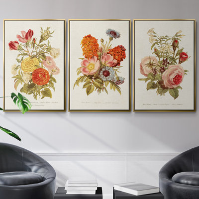 Antique Floral Bouquet I, ensemble de 3 toiles encadrées