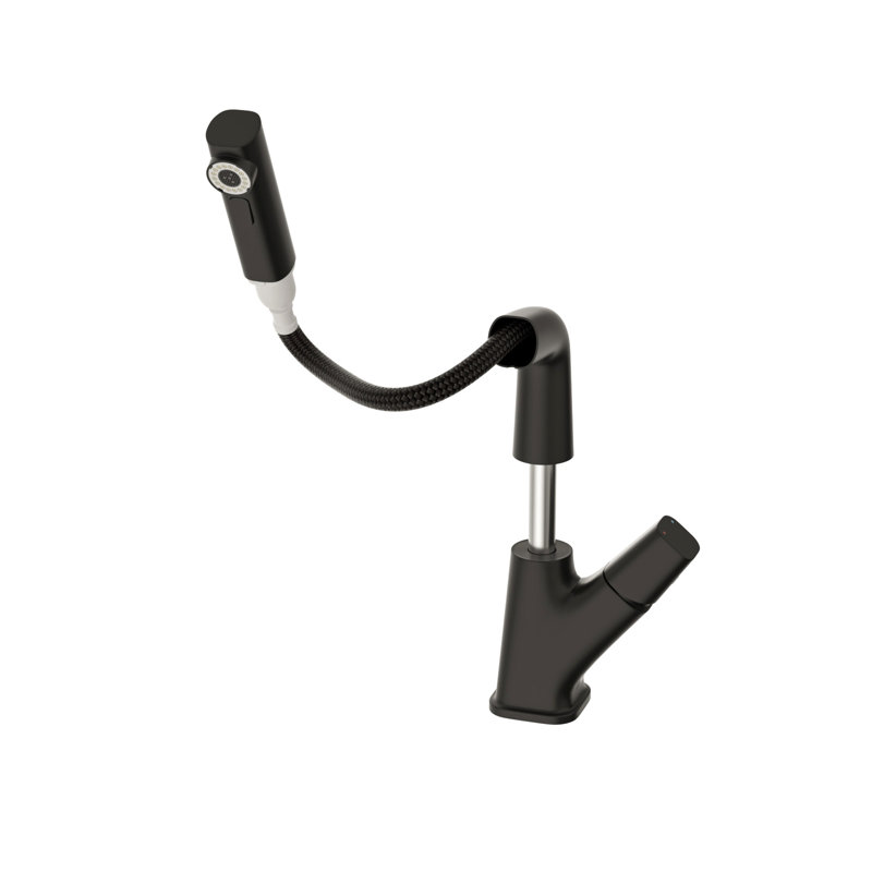 Matte Black Stainless Steel Pull - Down Bathroom Faucet With Three Spray Patterns, Adjustable Height, And Cold/Hot Control , Water Flow Types, Flexible Spout, Easy Temperature Regulation