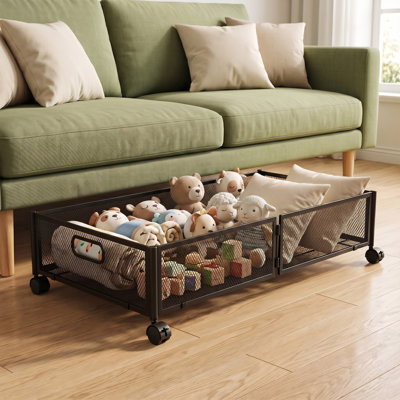 Lot de 2 boîtes de rangement à roulettes pour sous le lit, tiroirs de rangement pliables en métal avec poignées, organisateurs de chaussures à roulettes pour la chambre, rangement gain de place pour les vêtements, chaussures, couvertures et linge de lit
