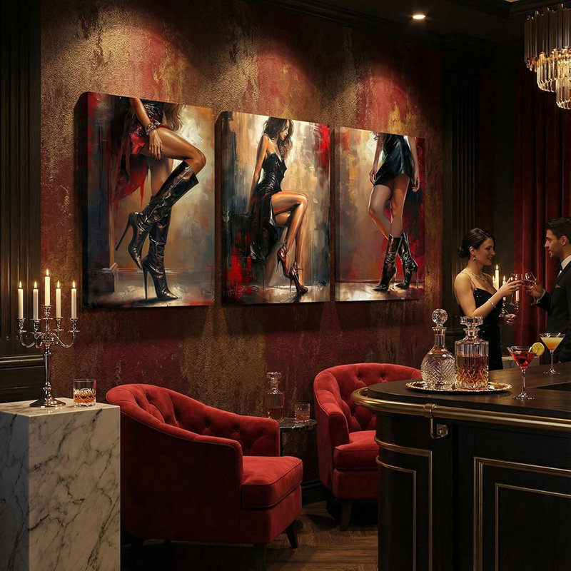 3Pcs Fashion Woman Canvas Wall Art Modern Vogue High Heels Wall Decor Pictures Abstract Elegant Lady Posters Prints For Bar Pub Club Garage Paintings Decoration Prepare To Hang